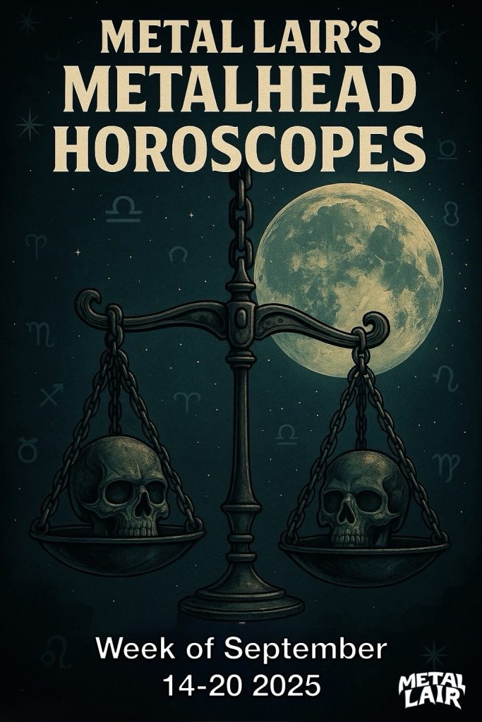Metal Lair’s Metalhead Horoscopes artwork featuring Libra scales forged in black steel, suspended by heavy chains, with skulls on each side, under a full moon and zodiac symbols in the night sky.