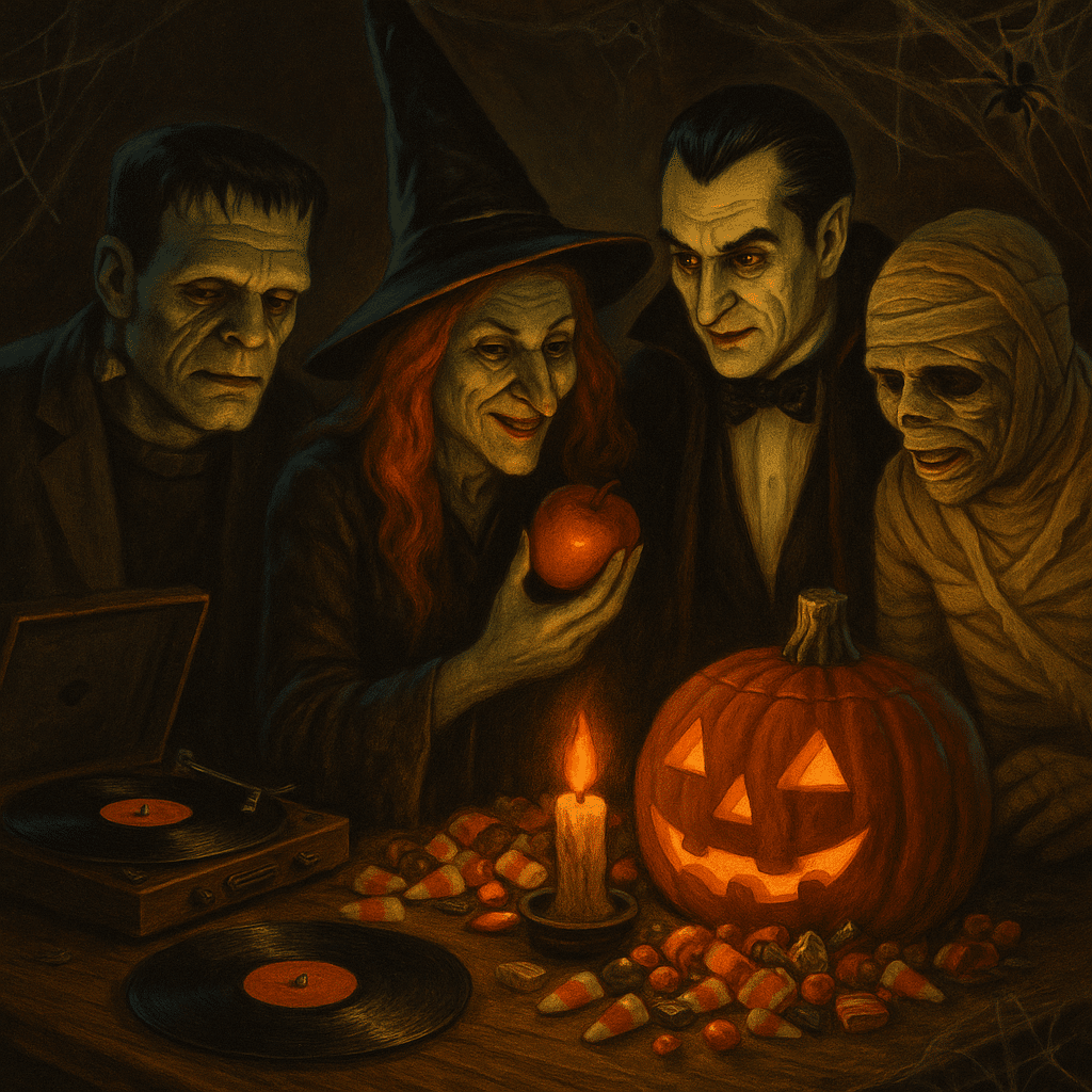 Feast of the Damned. Vintage-style Halloween scene featuring a witch holding a red apple, Frankenstein, Dracula, and a mummy gathered around a candlelit table with a jack-o’-lantern, candy, cobwebs, and a spinning vinyl record player.