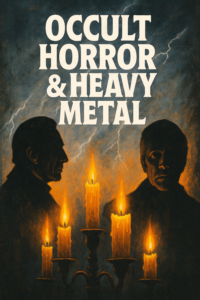 70s Occult Horror Heavy Metal. Vintage illustrated poster featuring silhouettes of Vincent Price and Christopher Lee in 1970s British occult horror style, atmospheric lighting, heavy metal influence