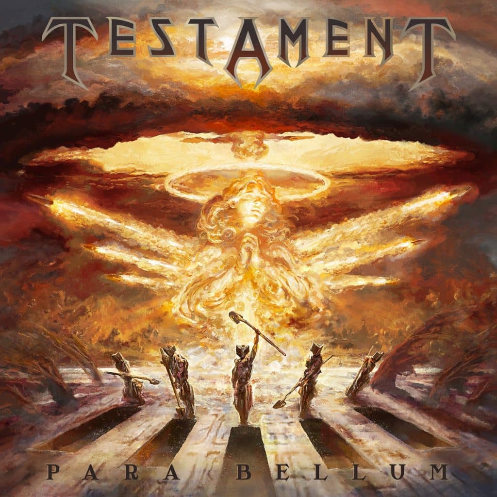 Testament Para Bellum album review. Para Bellum album art featuring an apocalyptic angel made of fire and missiles above shovel-bearing figures.