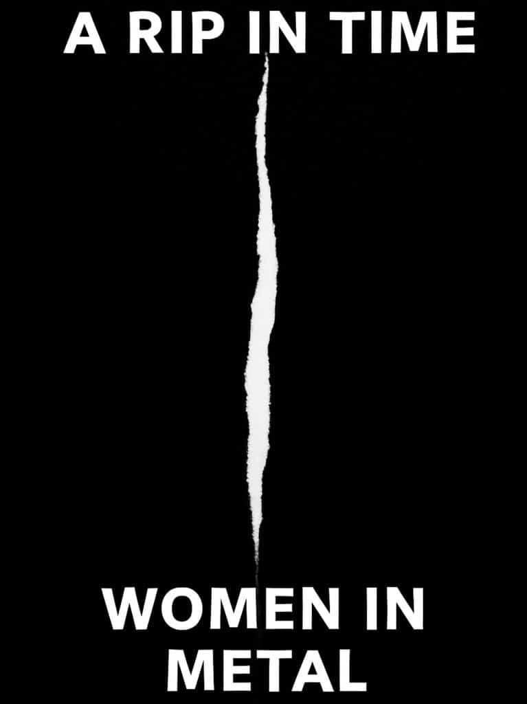 A vertical white tear splitting a black background, symbolizing a rupture in time for the Metal Lair series A Rip in Time: Women in Metal.