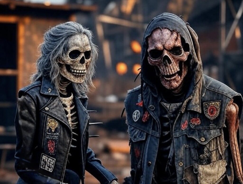 Two skeletal metalheads in patched denim and leather jackets stand side-by-side, grinning skulls exposed, looking like undead veterans of the pit in a gritty, post-apocalyptic setting.