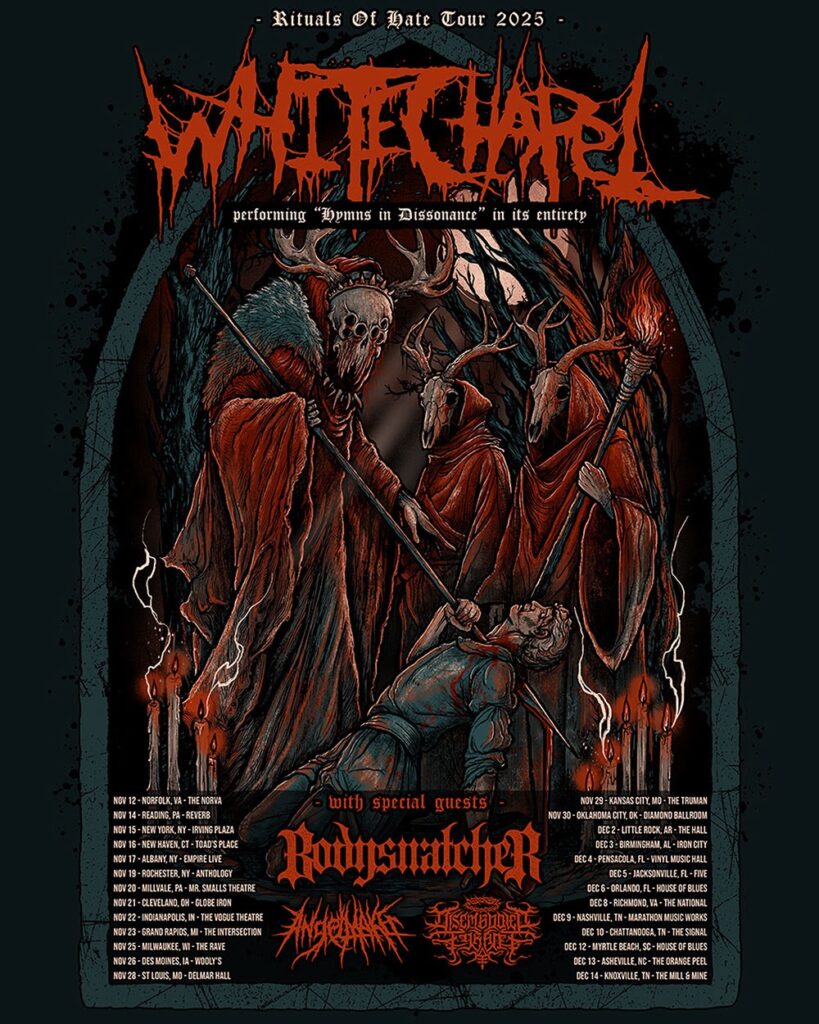 Whitechapel Rituals of Hate Tour 2025 poster with demonic forest illustration and tour dates