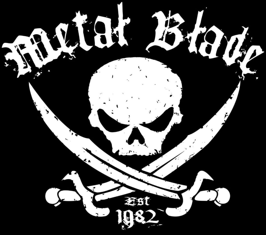 Metal Blade Records skull and crossed swords logo in white on black background