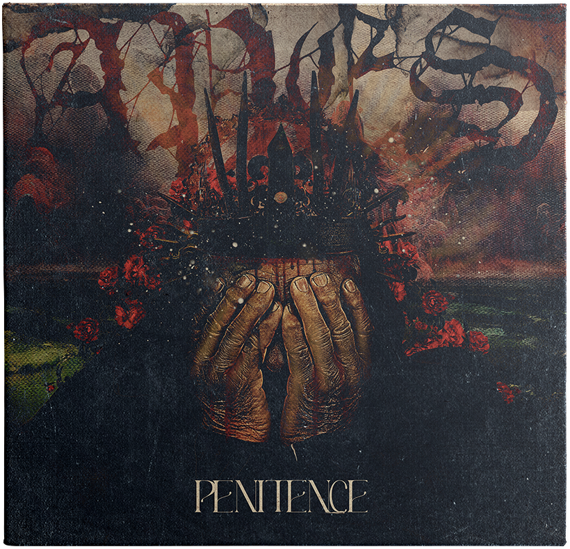 Cover art for Apes’ album Penitence, featuring a crown of thorns over a shrouded figure holding their head in their hands.