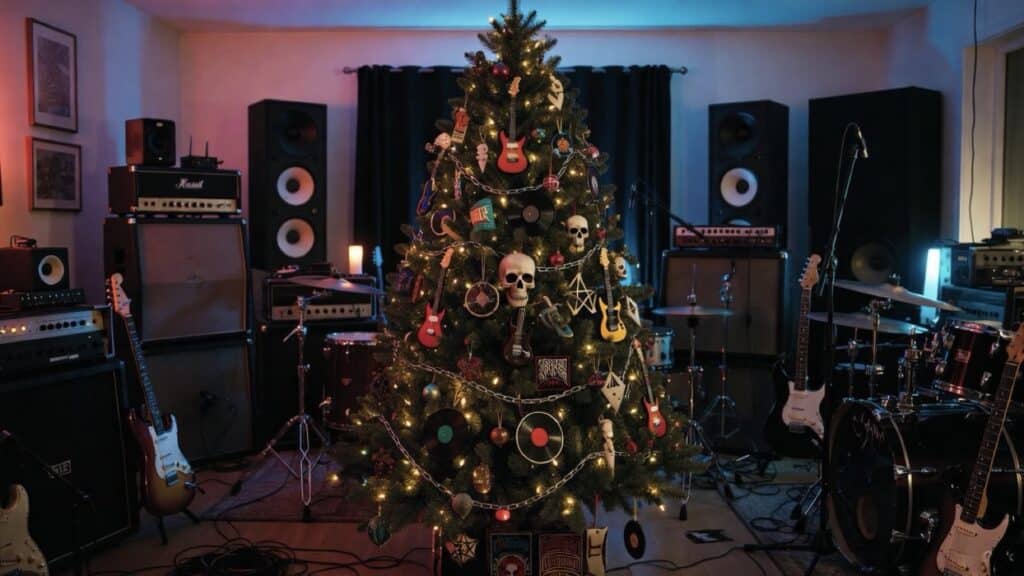 A fully decorated metal-themed Christmas tree standing in the middle of a rehearsal studio, surrounded by guitars, amps, drums, and cables. The tree is lit with warm lights and adorned with mini guitars, vinyl records, skull ornaments, chains, and band patches.