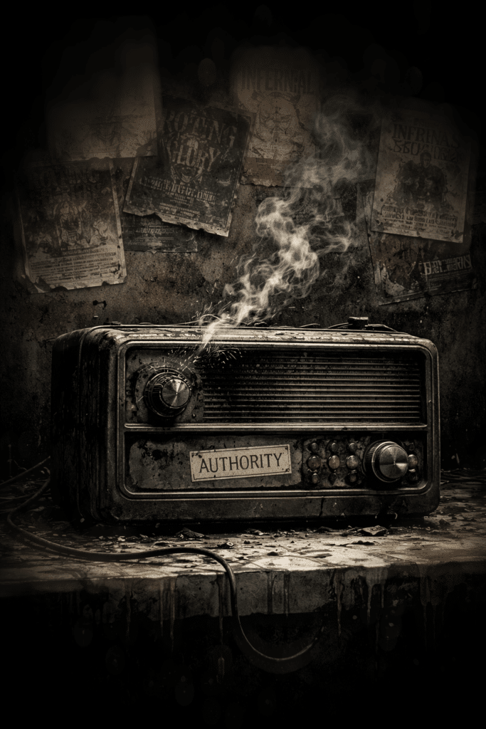 A broken radio labeled “Authority” emitting smoke in a decaying underground space, symbolizing silence and gatekeeping in modern metal media.