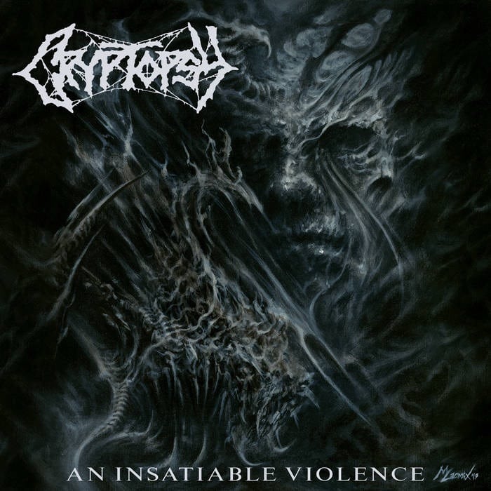 Album cover for Cryptopsy’s An Insatiable Violence, featuring a distorted skeletal figure swirling through blackened chaotic textures.