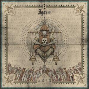 Album cover for Igorrr’s Amen featuring a mystical robed figure levitating above outstretched hands in an ornate, ritualistic design.