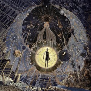 Album cover for …And Oceans’ The Regeneration Itinerary featuring an abstract cosmic scene with a human figure suspended inside a glowing sphere surrounded by intricate celestial patterns.