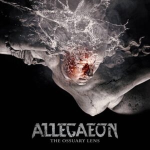 Album cover for Allegaeon’s The Ossuary Lens showing a stone angel statue shattering under a wave of water.