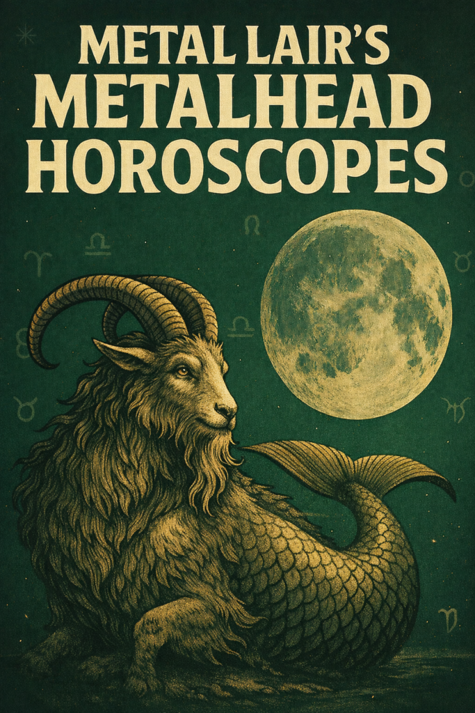 Illustration of the Capricorn sea-goat under a full moon for Metal Lair’s Metalhead Horoscopes during Capricorn season