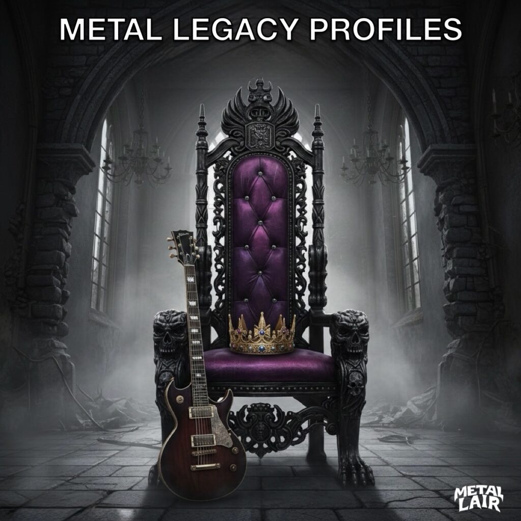 “Metal Legacy Profiles series artwork featuring a gothic throne, crown, and electric guitar.”