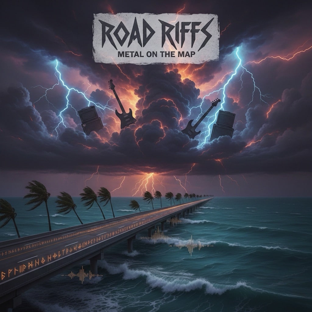 “A stormy Florida highway over the ocean with guitars and amps emerging from lightning clouds, used for the Road Riffs: Metal On The Map South Florida edition.”