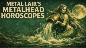 Metal Lair's Metalhead Horoscope artwork featuring an Aquarius water bearer pouring water under a full moon in a dark green vintage xodiac style.
