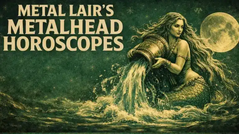 Metal Lair's Metalhead Horoscope artwork featuring an Aquarius water bearer pouring water under a full moon in a dark green vintage xodiac style.