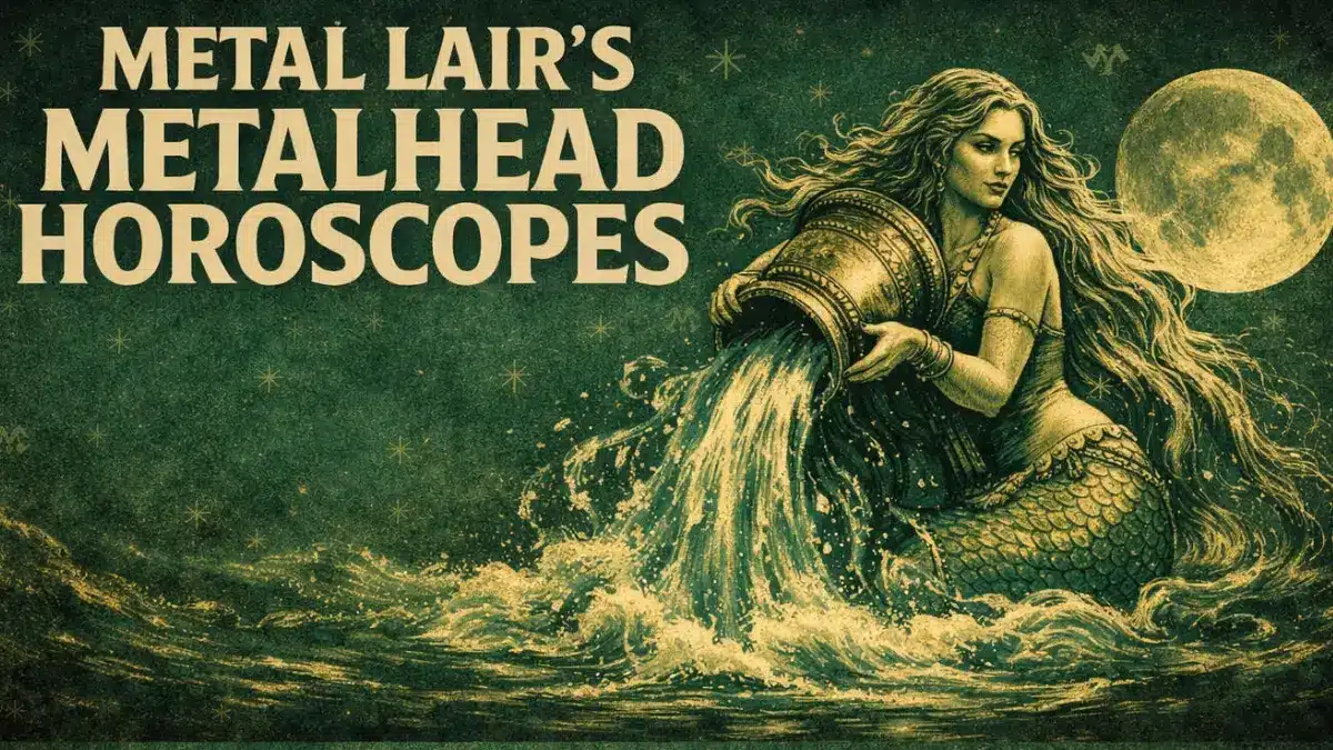Metal Lair’s Metalhead Horoscopes artwork featuring an Aquarius water bearer pouring water under a full moon in a dark green, vintage zodiac style.