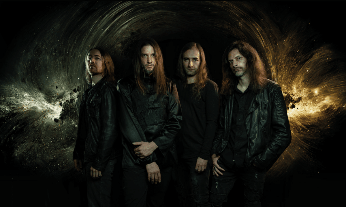 Alkaloid band photo showing the German progressive death metal group against a cosmic abstract background.