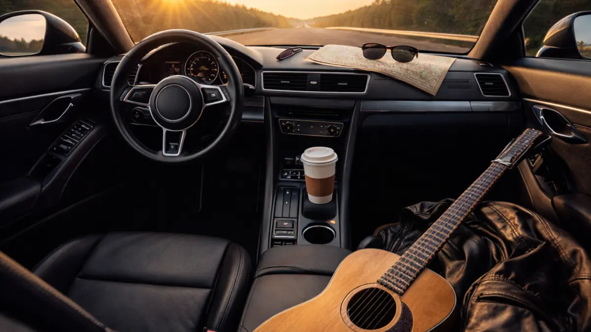 Road Riffs Metal on the Map cover showing a car interior at sunset with an acoustic guitar on the passenger seat and an open road ahead.