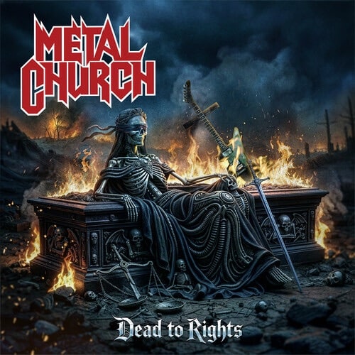 Metal Church Dead to Rights album cover featuring skeletal figure on throne with sword