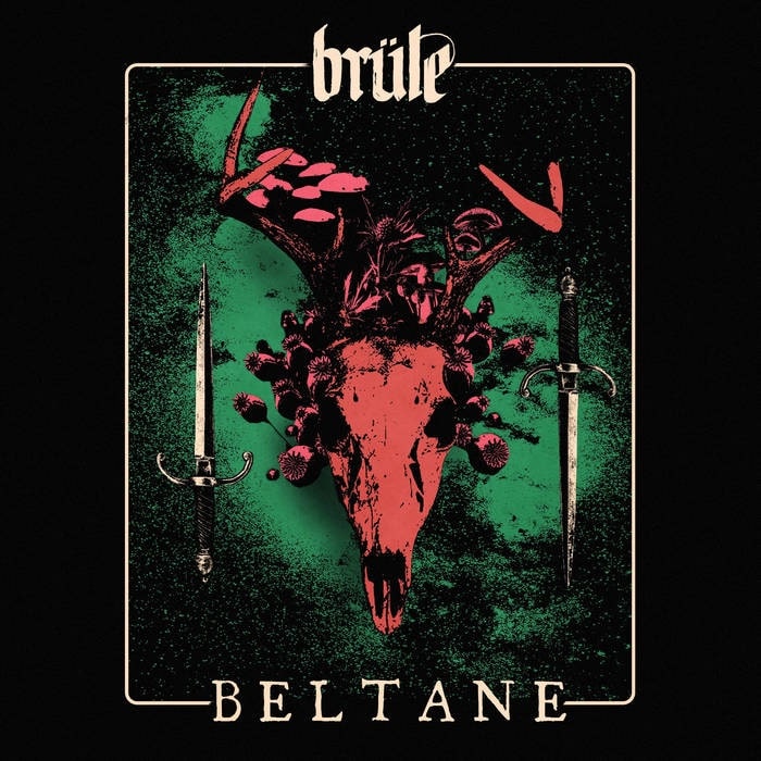 Brüle Beltane album cover featuring red animal skull and ritual daggers on green background
