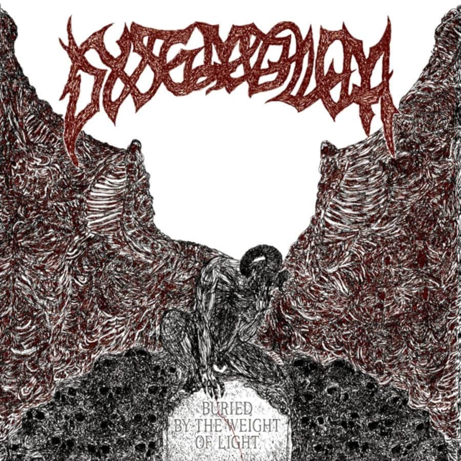 Dysemblem Buried by the Weight of Light album cover with grotesque skeletal figure and detailed black and red artwork