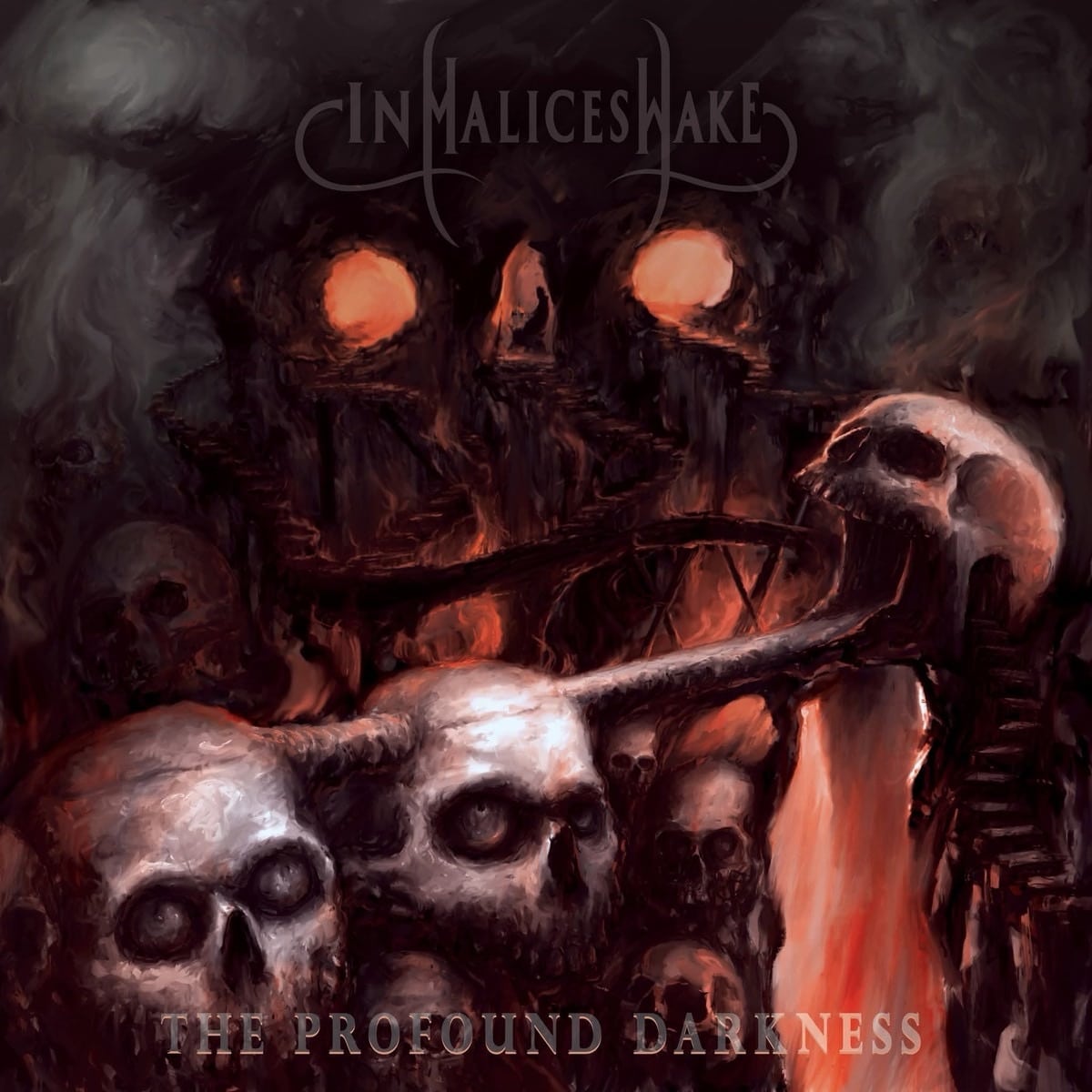 In Malice’s Wake The Profound Darkness album cover with skulls and fiery cavern landscape
