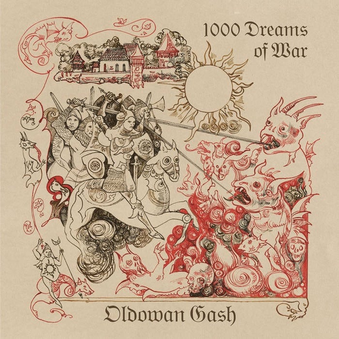 Oldowan Gash 1000 Dreams of War album cover with medieval battle illustration in red and beige tones