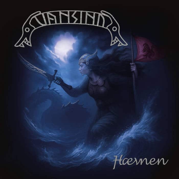 Vansind Hævnen album cover with warrior woman holding sword in dark blue oceanic scene