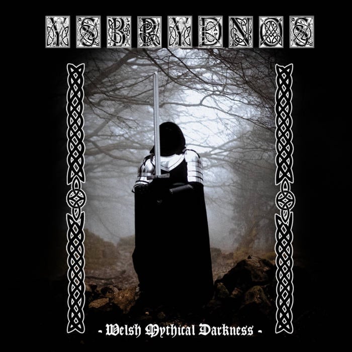 Ysbrydnos Welsh Mythical Darkness album cover with cloaked knight in forest framed by Celtic patterns
