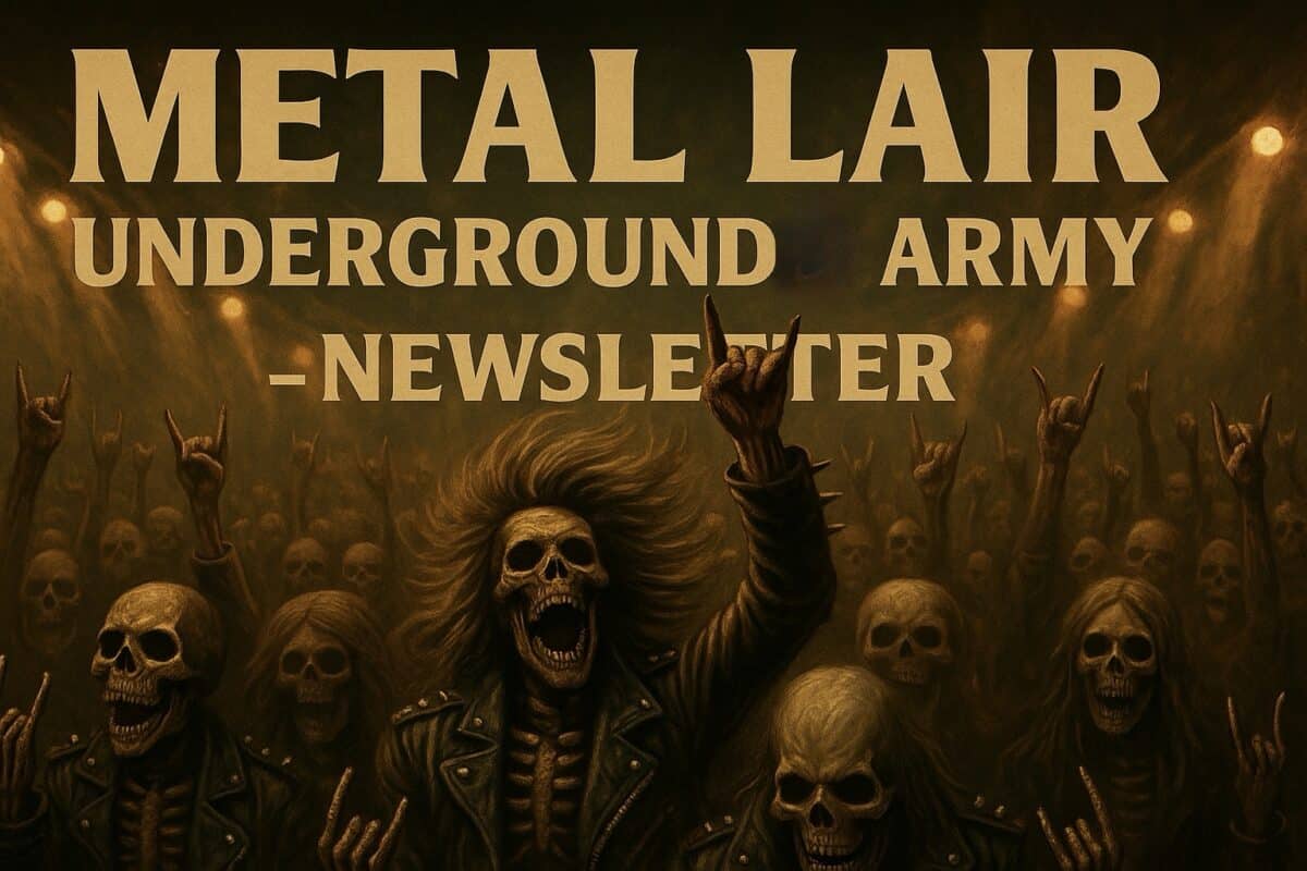 Metal Lair Underground Army newsletter graphic featuring skeletal metal fans raising devil horns at a concert