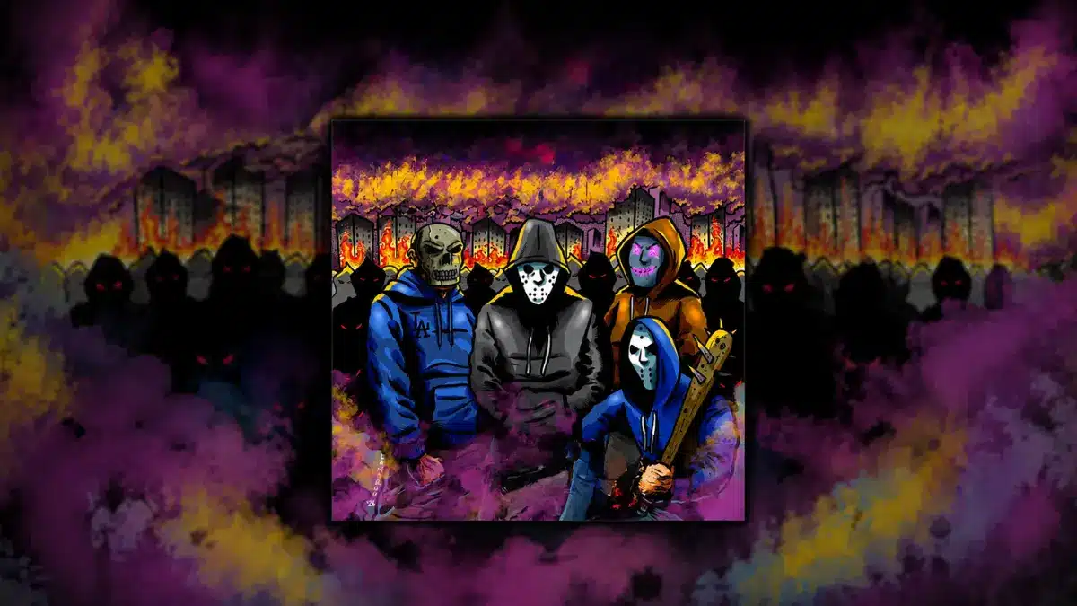 Featured image for Cutthroat The Purge EP review featuring the album artwork framed against a burning city backdrop with purple smoke and shadowed figures.