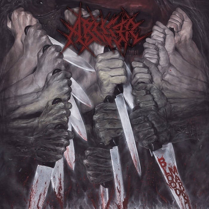 Album cover for Blood Marks by Abuser featuring multiple pale hands gripping bloody knives in a dark, violent thrash metal illustration.