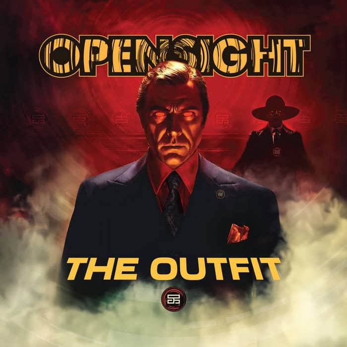 The Outfit by Opensight Review album cover featuring a shadowy cinematic figure surrounded by red smoke and noir-inspired imagery.
