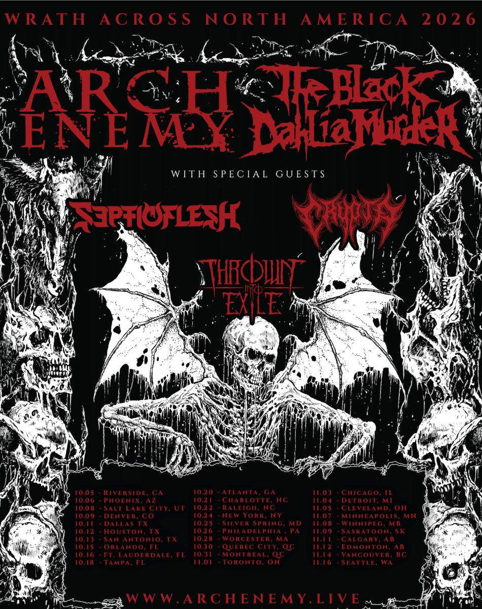 Arch Enemy and The Black Dahlia Murder 2026 North American tour poster featuring Septicflesh, Crypta, and Thrown Into Exile with dark skeletal artwork and full tour dates.
