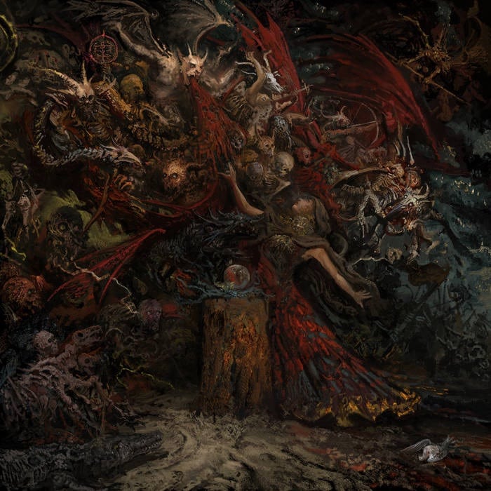 Godthrymm Projections album cover featuring a dark surreal landscape of skeletal figures, twisted forms, and crimson shadows.