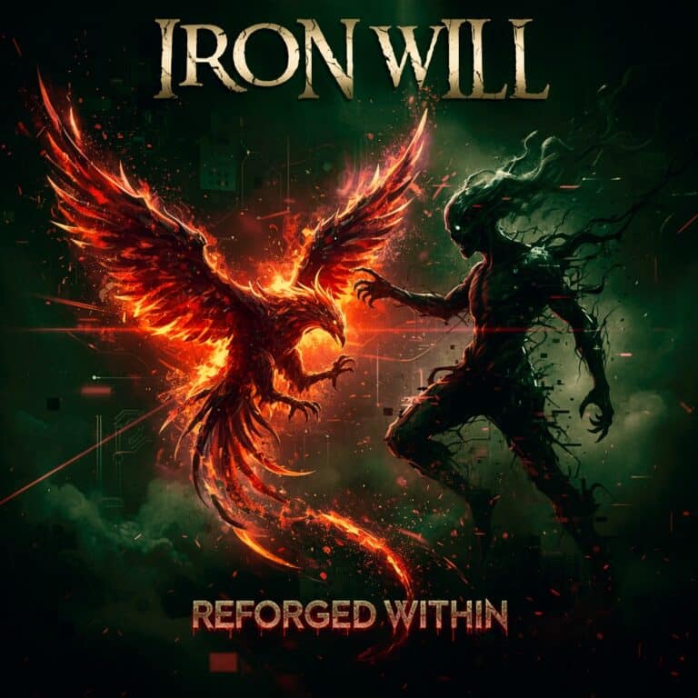Ironwill Reforged Within album cover depicting a fiery phoenix battling a shadowy humanoid figure in a dark industrial setting.