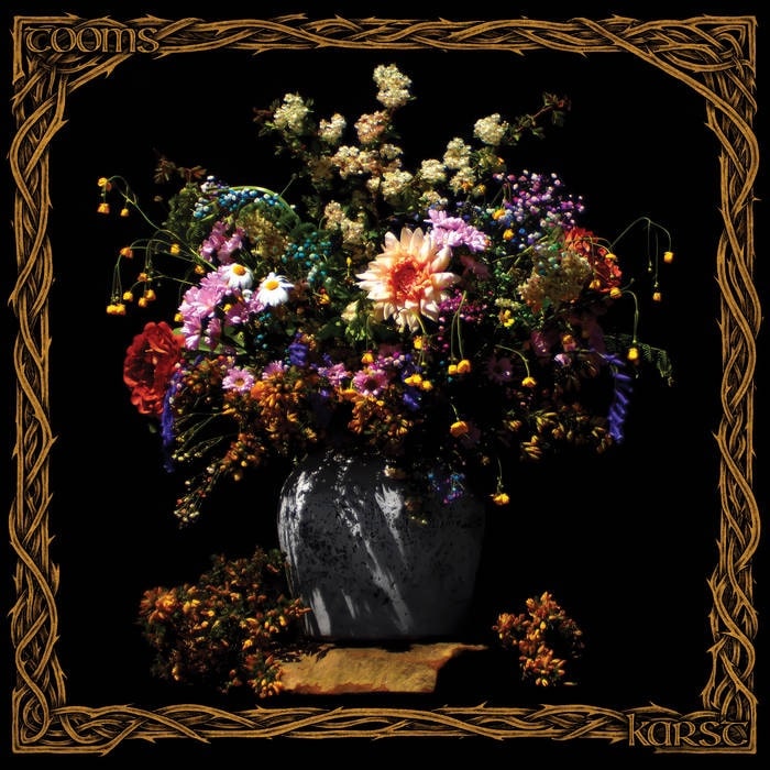 Tooms Karst album cover featuring a vase of wildflowers against a black background framed by ornate Celtic-inspired borders.