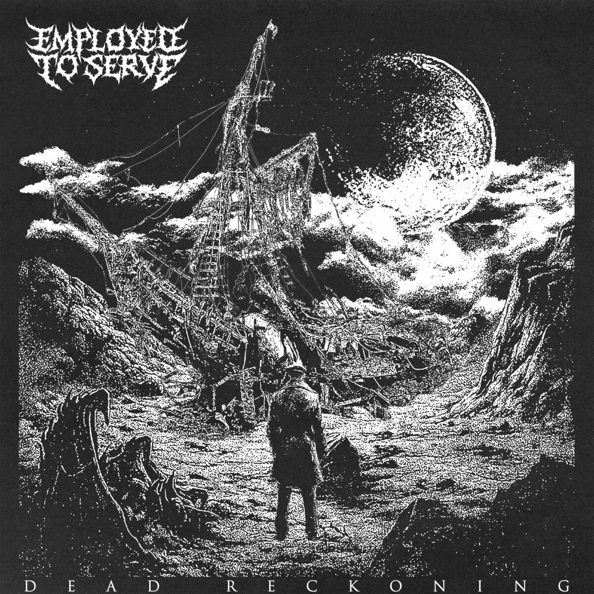 Cover artwork for Employed To Serve’s 2026 single “Dead Reckoning” featuring a bleak monochrome landscape with a wrecked ship beneath a looming moon.