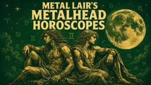 Metalhead Horoscope Gemini season artwork featuring celestial twin figures beneath a glowing moon in dark gothic green and gold tones for Metal Lair