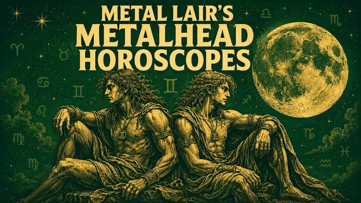 Metalhead Horoscope Gemini season artwork featuring celestial twin figures beneath a glowing moon in dark gothic green and gold tones for Metal Lair