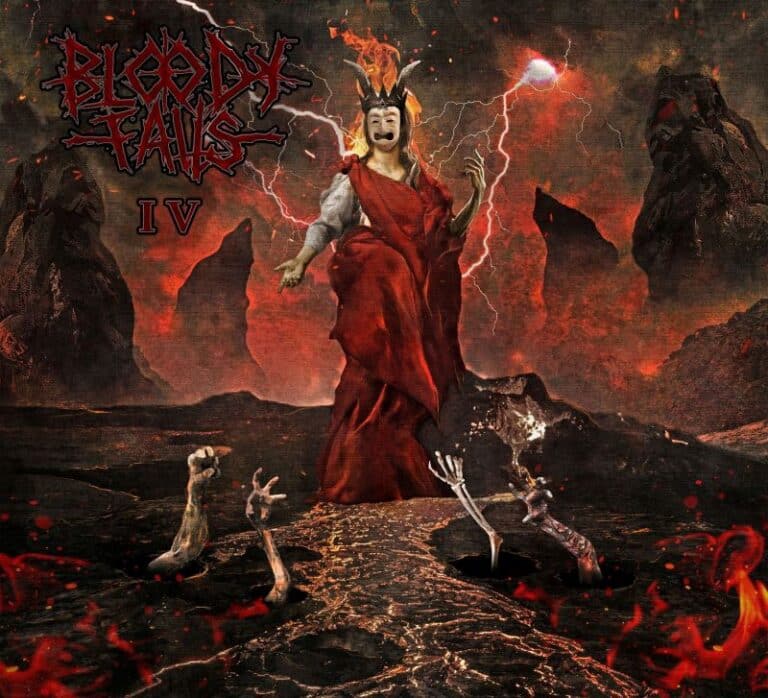 Bloody Falls album cover featuring a horned figure in flowing red robes standing in a volcanic wasteland as skeletal hands emerge from molten ground beneath a storm-lit sky.