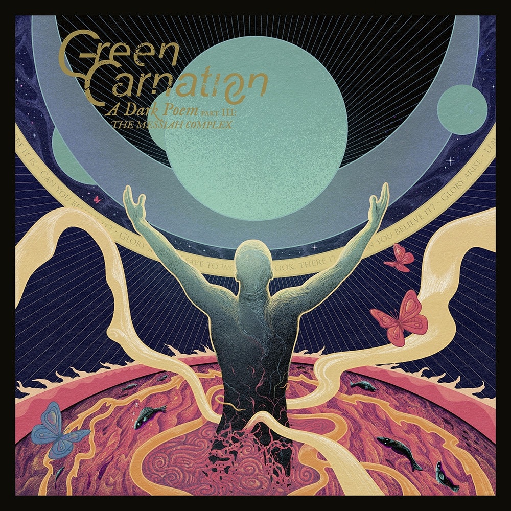 Album cover for Green Carnation’s A Dark Poem, Part III: The Messiah Complex featuring a silhouetted figure reaching toward planets above a surreal red landscape with butterflies and flowing golden ribbons.