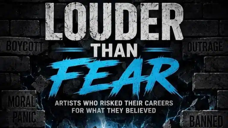 Feature artwork reading “Louder Than Fear: Artists Who Risked Their Careers for What They Believed” against a cracked brick wall with words including censorship, boycott, blacklisted, outrage, moral panic, and banned.