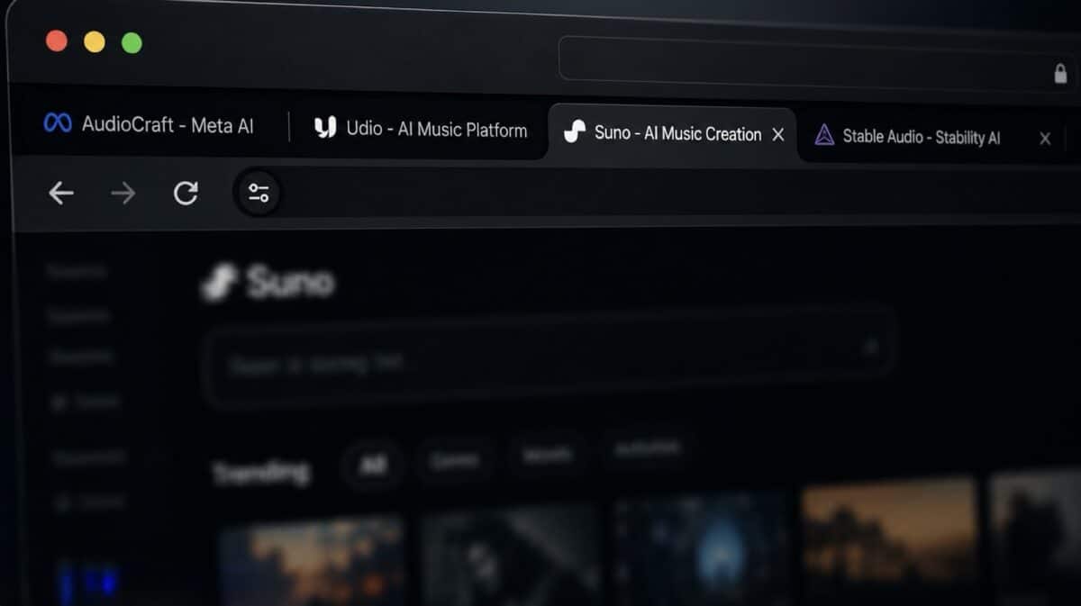 Browser tabs open to Suno, Udio, Meta AudioCraft, and Stable Audio AI music generation platforms.