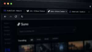 Browser tabs open to Suno, Udio, Meta AudioCraft, and Stable Audio AI music generation platforms.