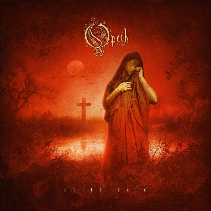 Opeth Still Life album cover depicting a hooded woman in red mourning beside a cross under a crimson sky.