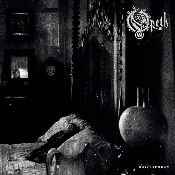 Opeth Deliverance album cover featuring a dimly lit Victorian-style room with a bed and eerie black-and-white atmosphere.