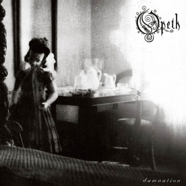Opeth Damnation album cover featuring a ghostly child standing beside a bright window inside a softly lit room.