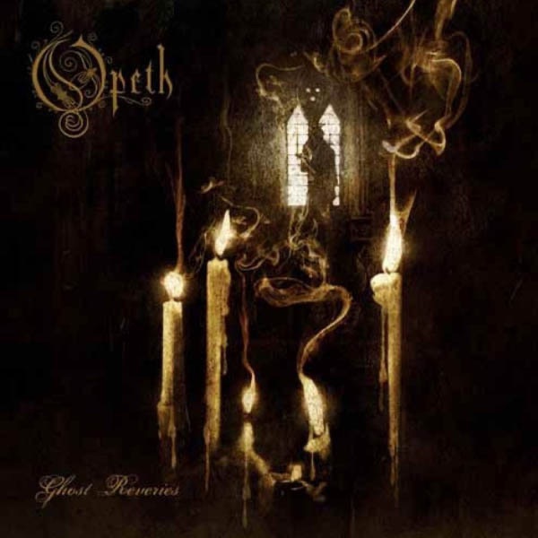 Opeth Ghost Reveries album cover featuring glowing candles inside a shadowy gothic room with drifting smoke.